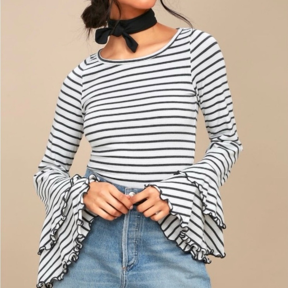 We The Free Medium Grey and White Striped Bell Sleeve Ribbed Top Whimsigoth Boho